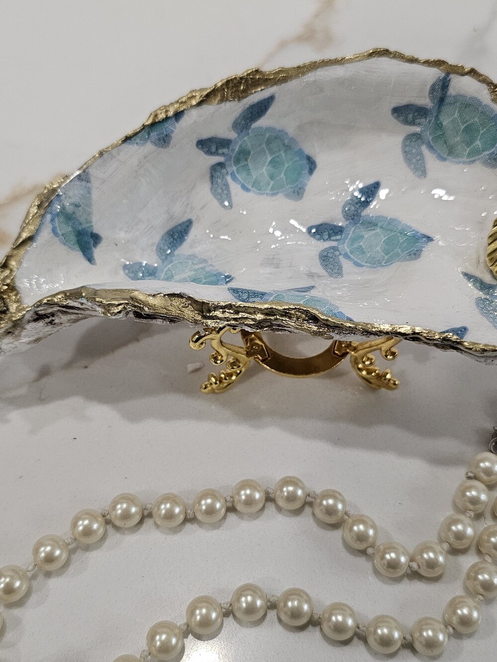Decoupaged Handmade Oyster Shell Sea Turtle Ring Dish Or Trinket Jewelry Holder